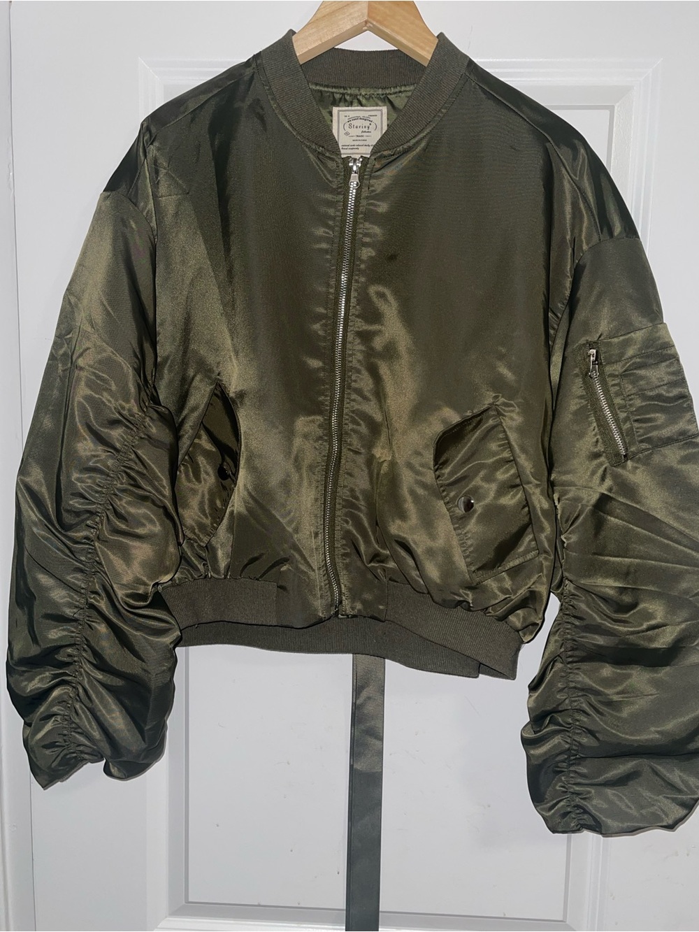 Olive Green Satin Bomber Jacket